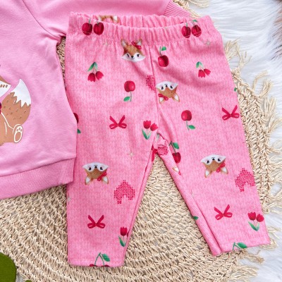 Conj. Casaco de Moletom Pequena Diva e Calça Legging Raposinha e Frutinhas - Rosa